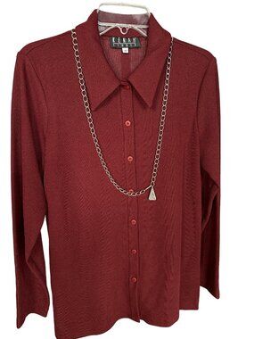 Vintage Kenar Studio Size 10  Womens Burgundy Ribbed Button Top with Necklace